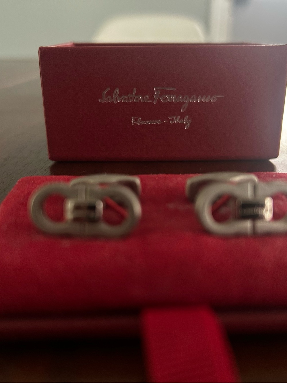 Salvatore Ferragamo Silver Double Gancini Cufflinks with Red Presentation Case